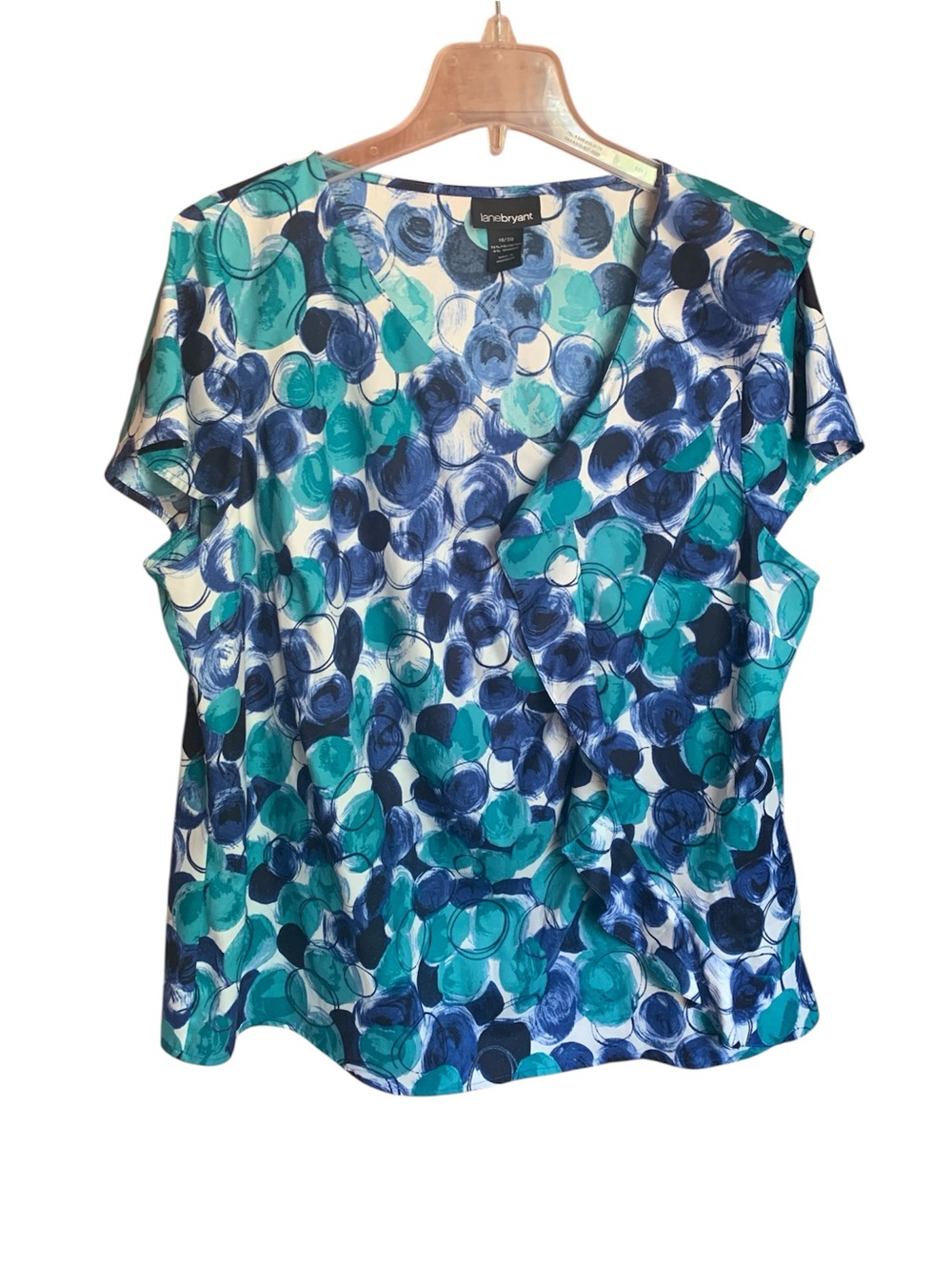 Lane Bryant Teal and Blue Painted Dot V-Neck Short Sleeve Top Size 18/20